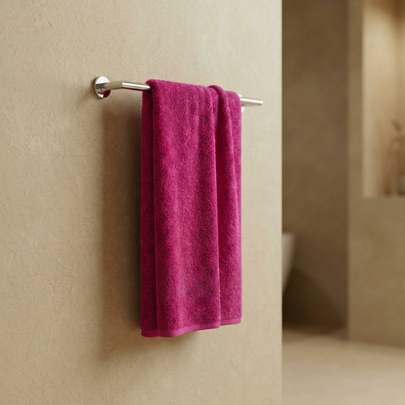 Fuchsia hotel handdoek aan rekje lang:"nl"