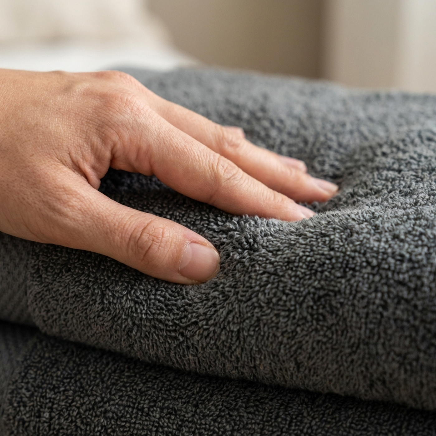 Hand op hotel handdoek antraciet lang:"nl"