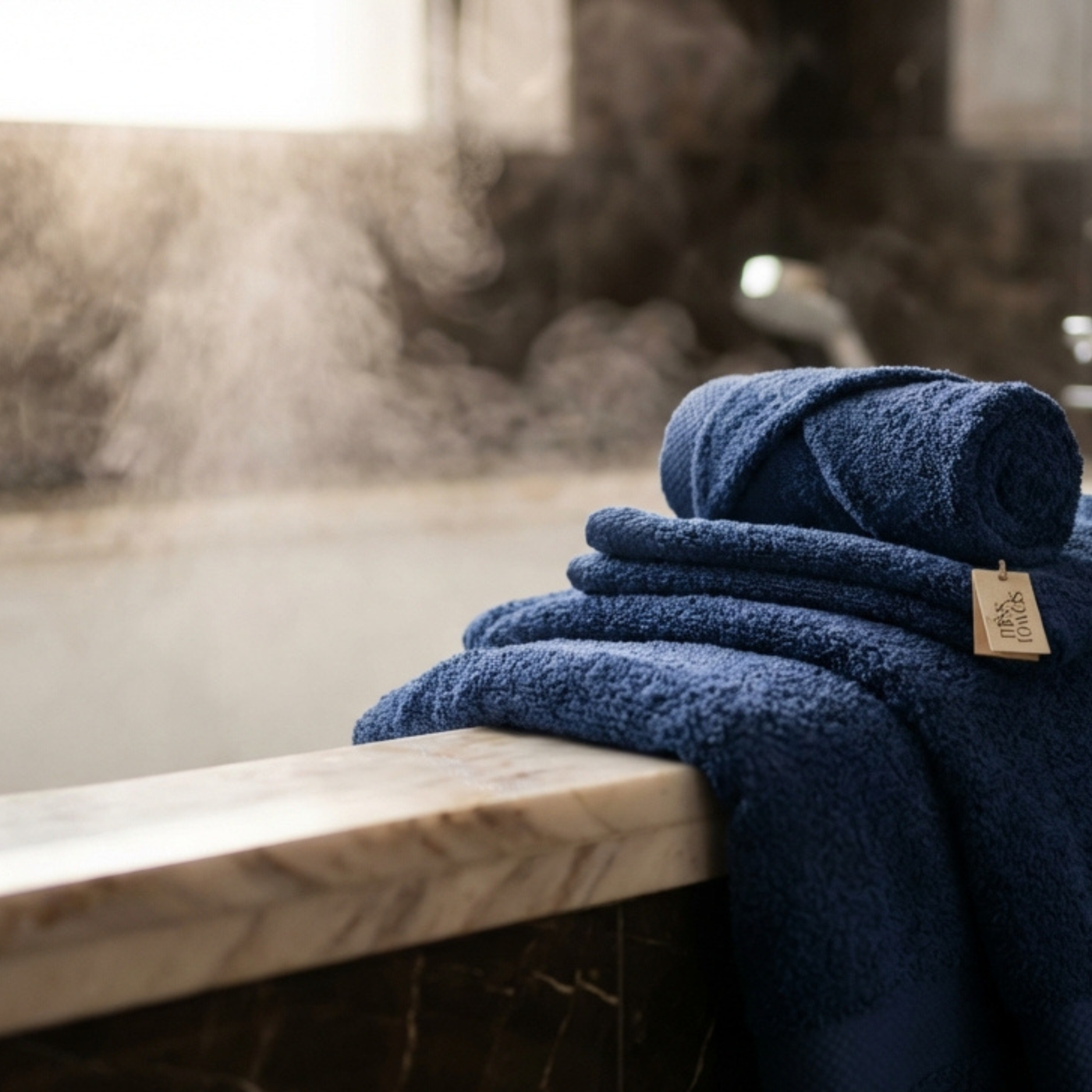 Stapel marine blauwe hotel handdoeken  lang:"nl"