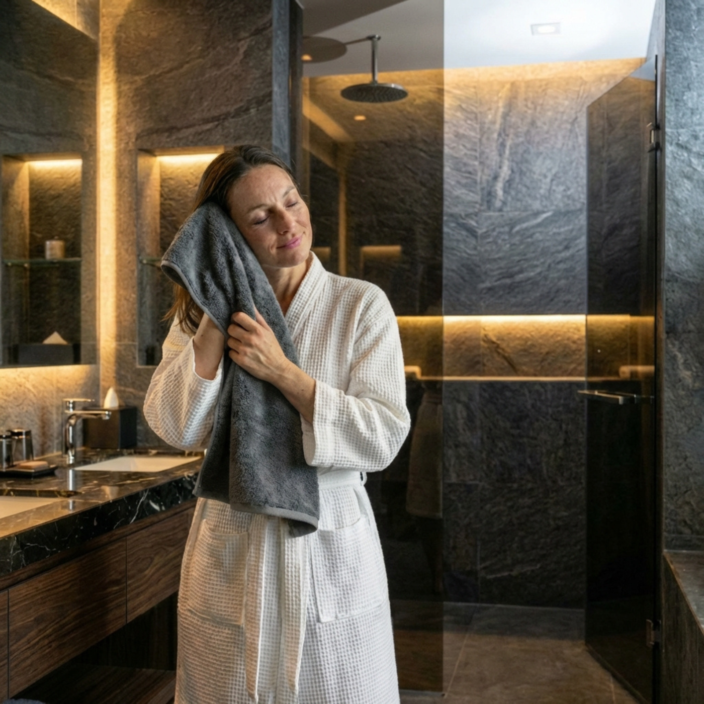 Model met zachte dikke antraciet hotel handdoek lang:"nl"