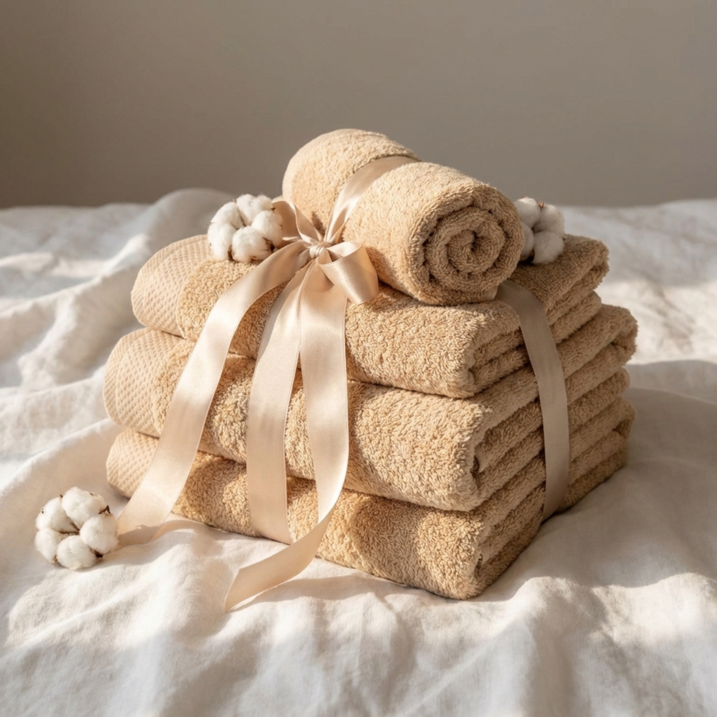 Stapel zand bruine hotel handdoeken lang:"nl"