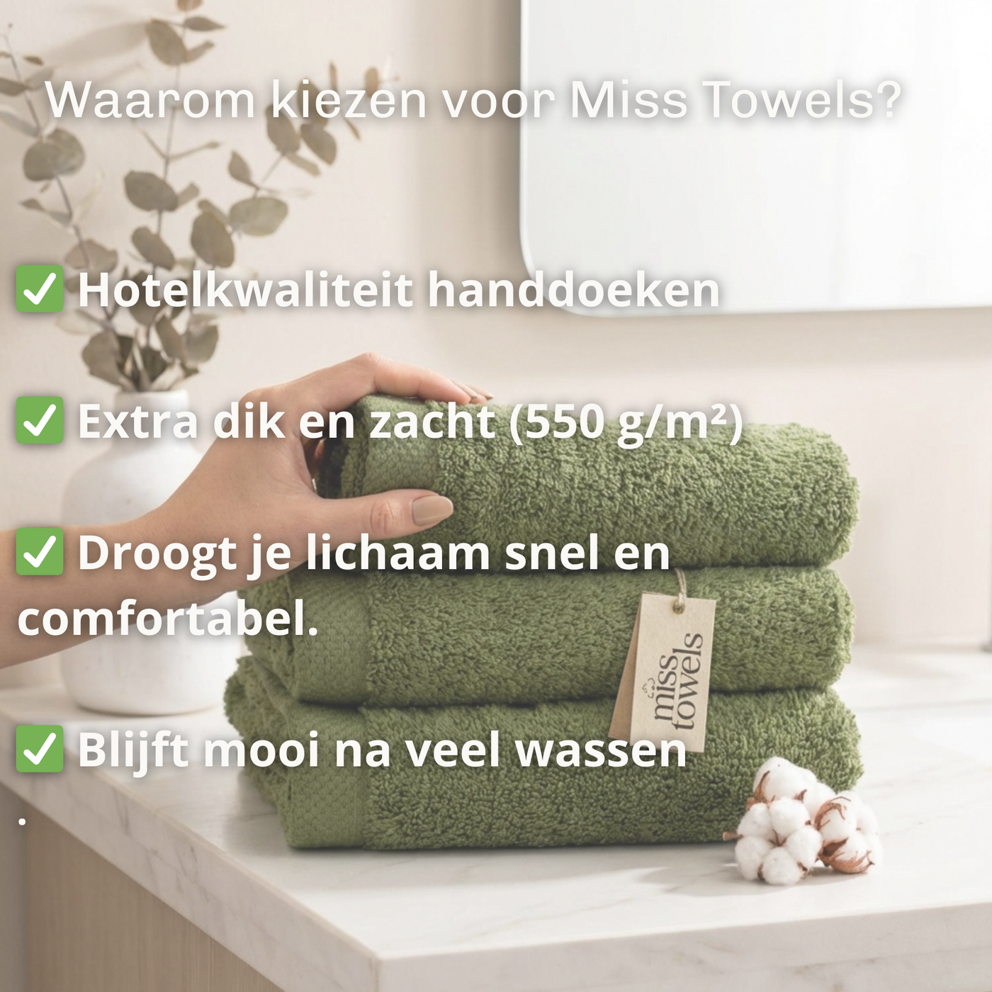 Voordelen olijf groene handdoeken Miss Towels lang:"nl"