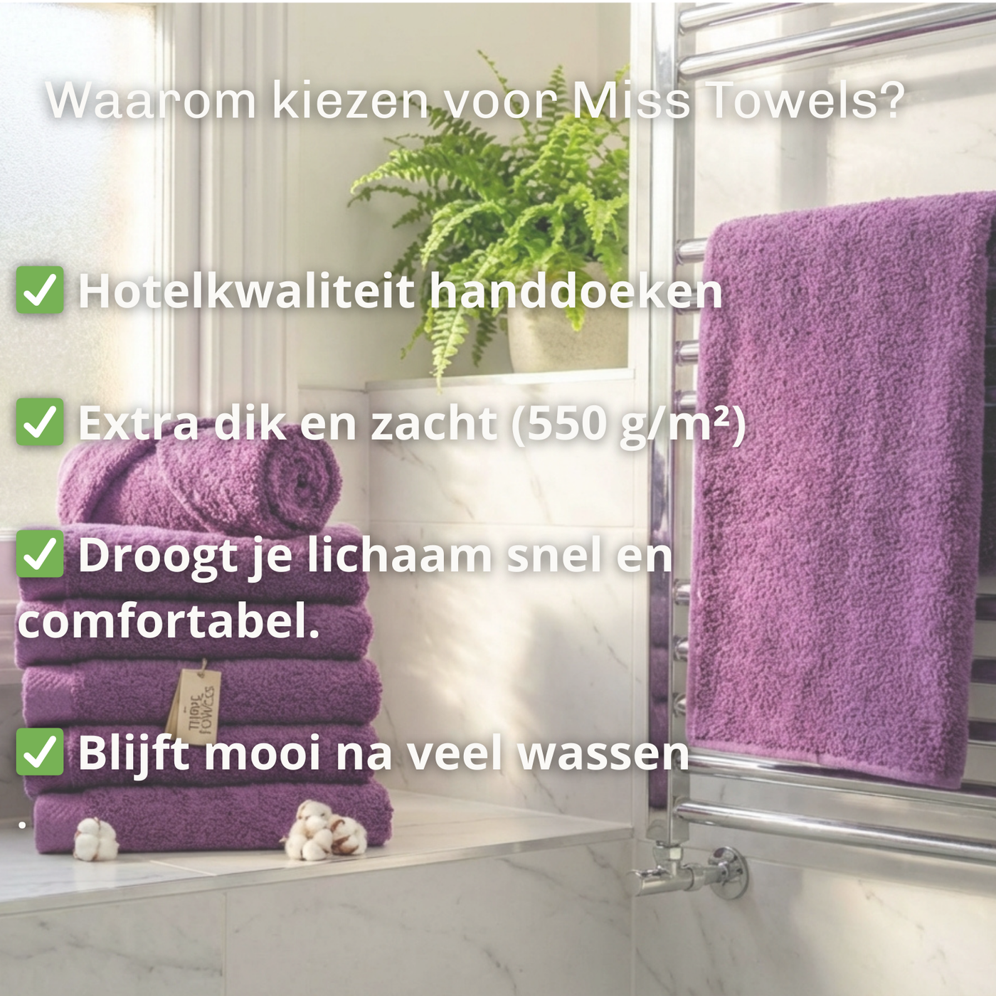 Voordelen paarse handdoeken Miss Towels. lang:"nl"